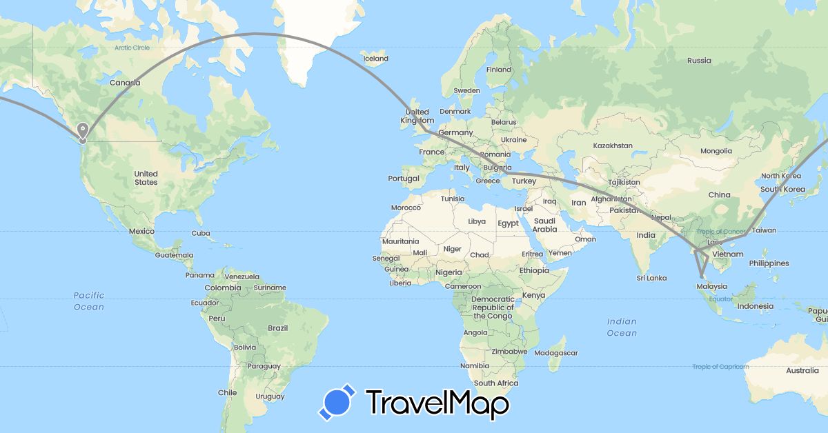 TravelMap itinerary: driving, plane, boat in Canada, China, United Kingdom, Myanmar (Burma), Thailand, Turkey (Asia, Europe, North America)